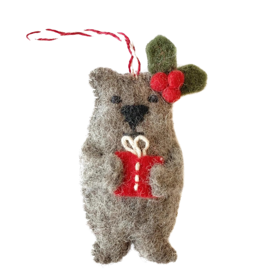 Bear With Gift Wool Ornament