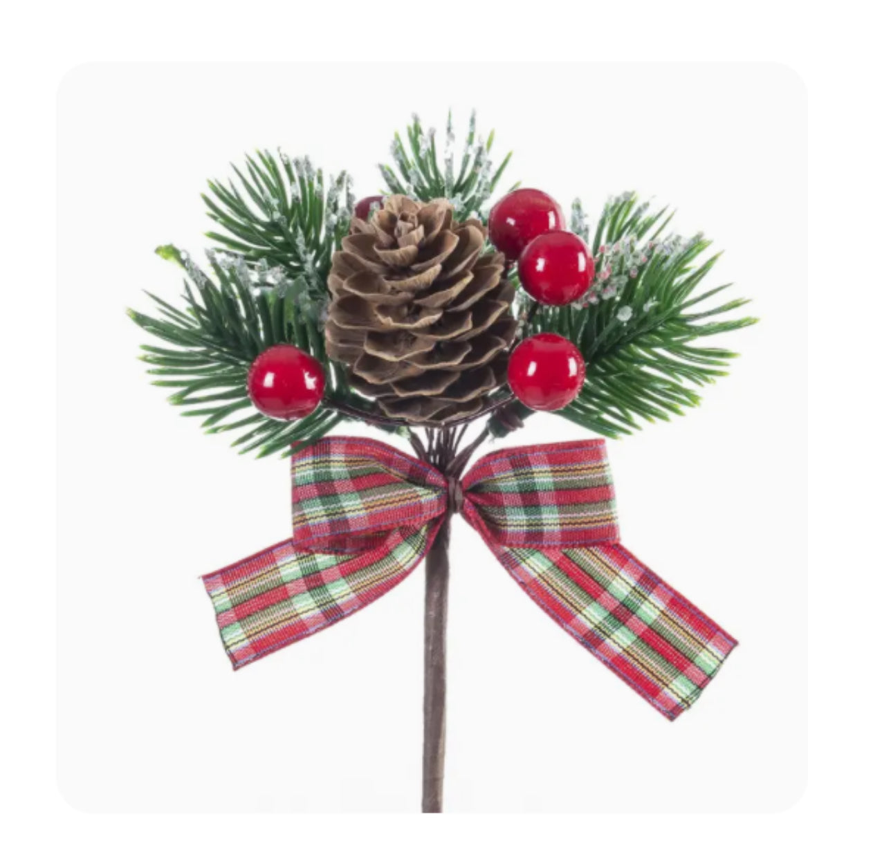 Floral Pick Pine, Pinecones, & Red Berries With Plaid Bow Greenery