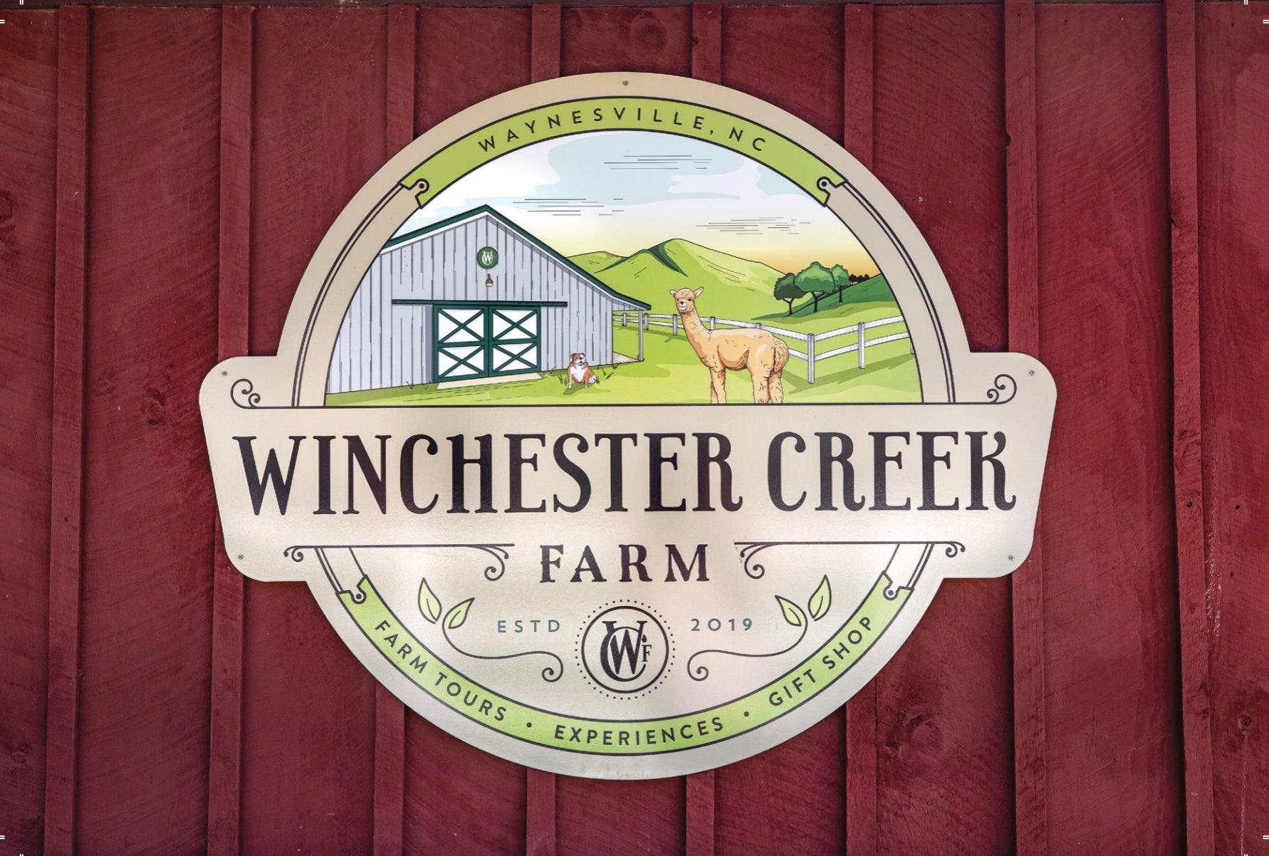 Postcard with picture metal sign on a red barn.