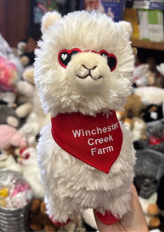 9.5” White Alpaca Plush w/ Red Embroidered Heart Glasses & Red WCF Bandana