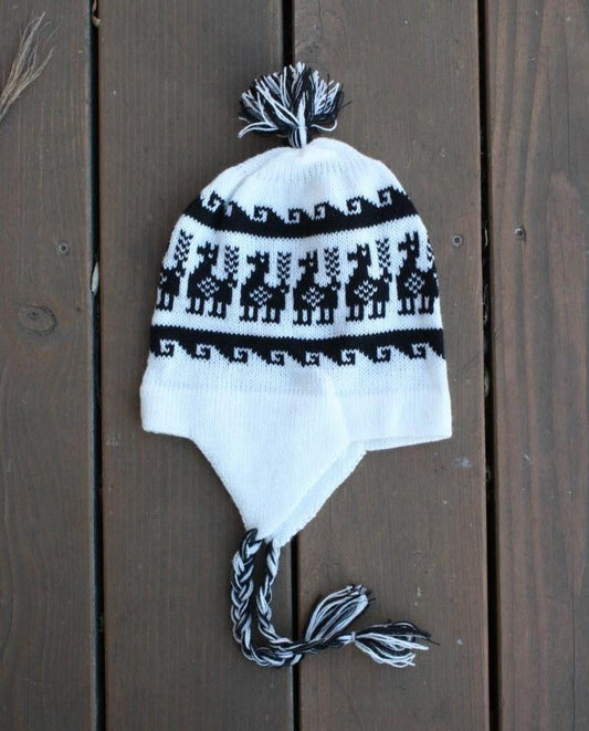 Alpaca Inca Braided Chullo Hat - White Base with Black