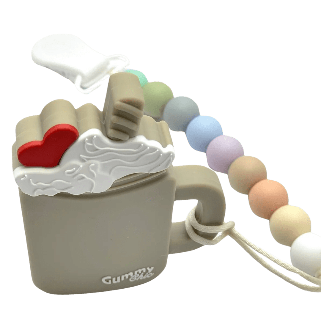 Chocolate milkshake style baby teether with rainbow beaded silicone clip-Winchester Creek Farm