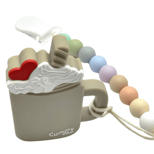 Chocolate milkshake style baby teether with rainbow beaded silicone clip-Winchester Creek Farm