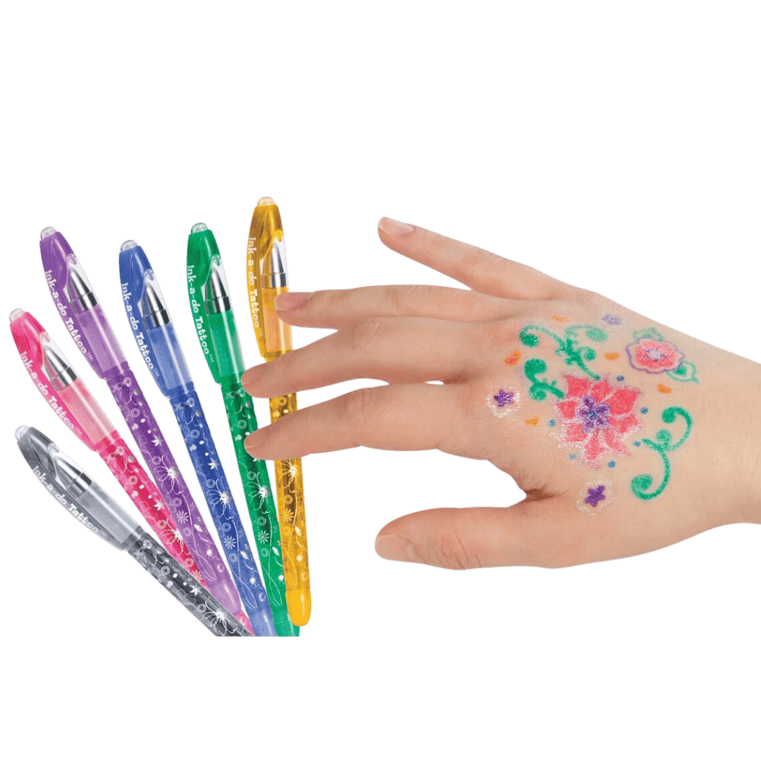 Washable Tattoo Pens Set – 6 Colors with Stencils for Kids