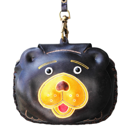 Black Bear Face Leather Wristlet