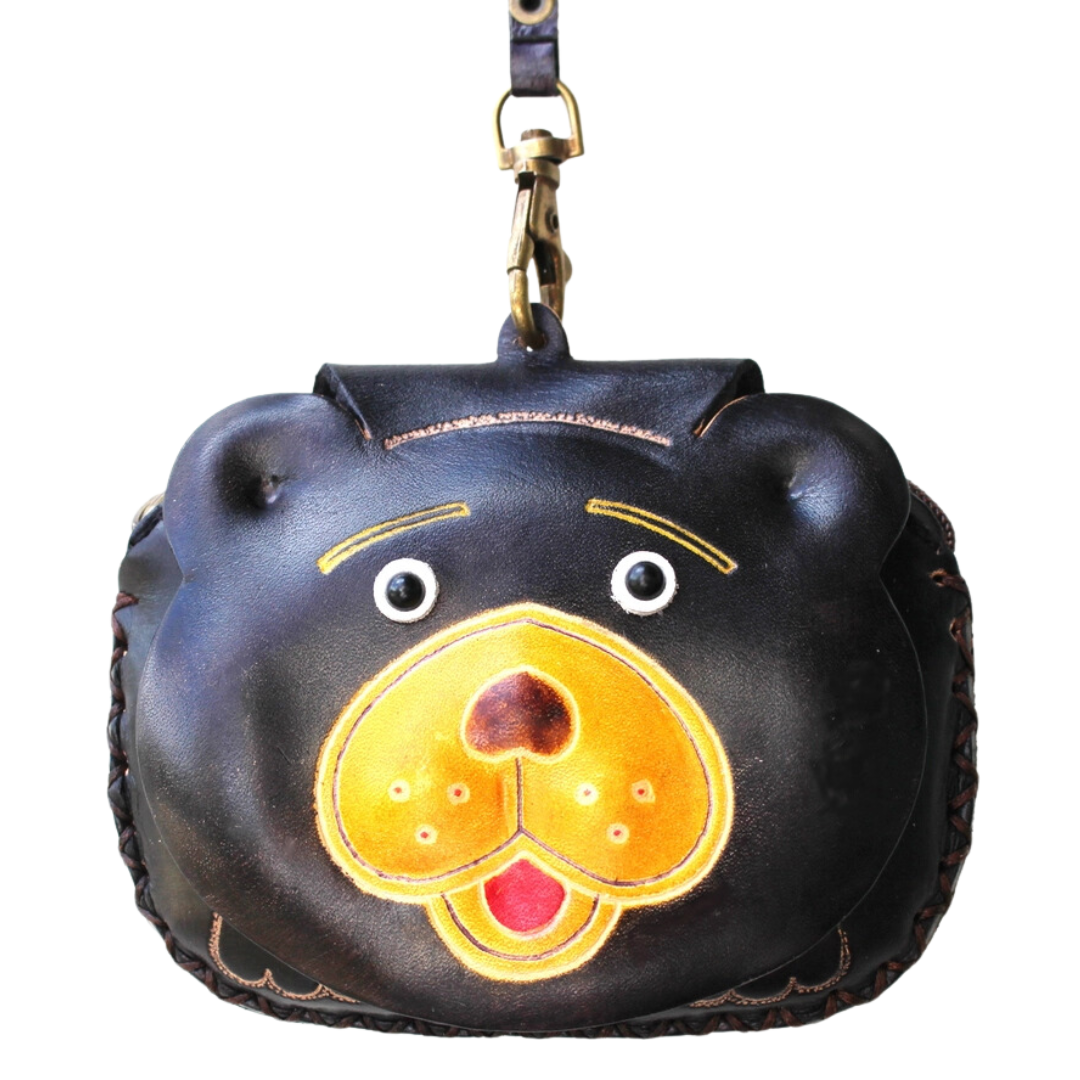 Black Bear Face Leather Wristlet