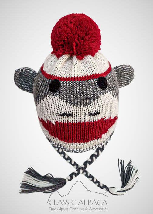 Alpaca Kids - Sock Monkey Alpaca Hat With Ear Flaps Grey/Red/White