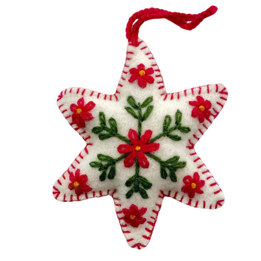 White Six Pointed Star Embroidered Wool Ornament