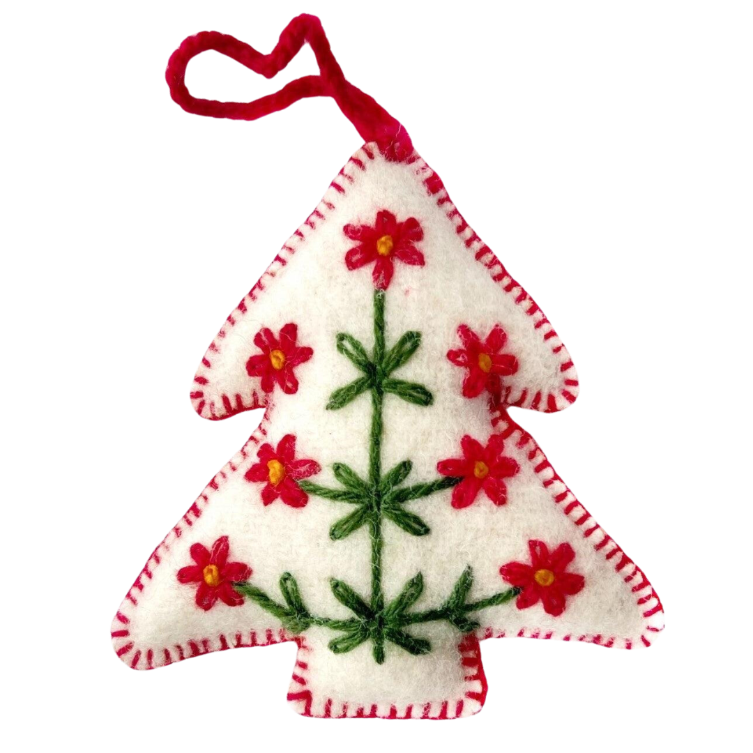 White Tree Embroidered Wool Christmas Ornament