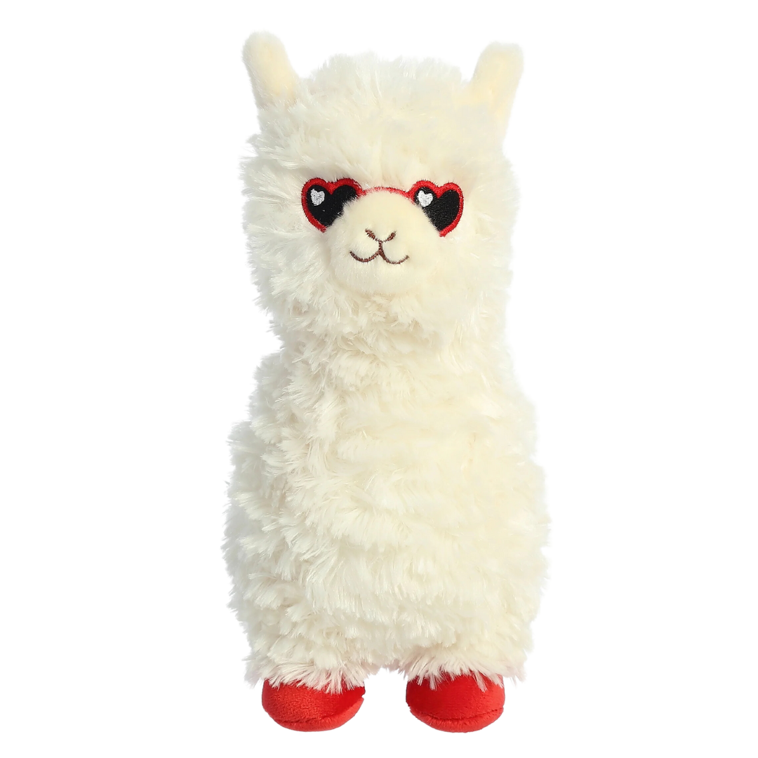 9.5”  White Alpaca Plush w/ Red Embroidered Heart Glasses