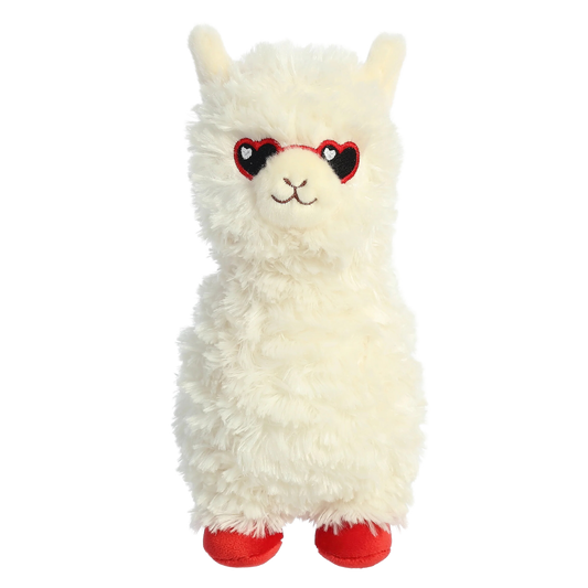 9.5”  White Alpaca Plush w/ Red Embroidered Heart Glasses