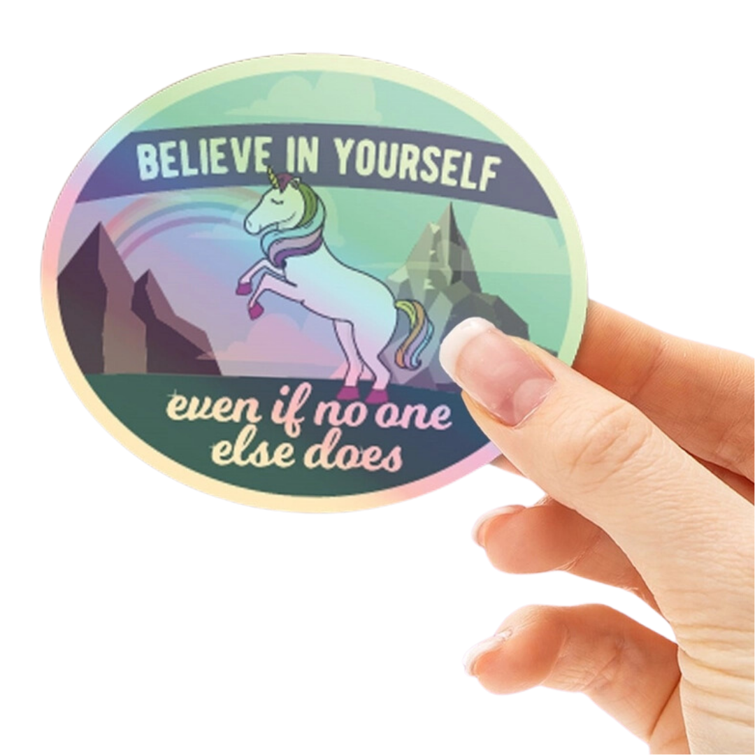 Believe Unicorn Sticker - Holographic Rainbow Foil Decals