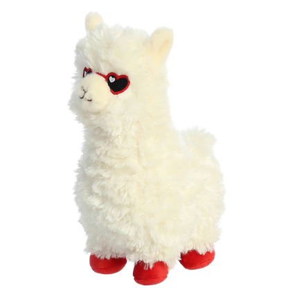 9.5”  White Alpaca Plush w/ Red Embroidered Heart Glasses