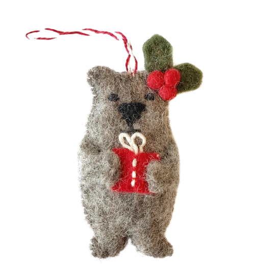 Bear With Gift Wool Ornament