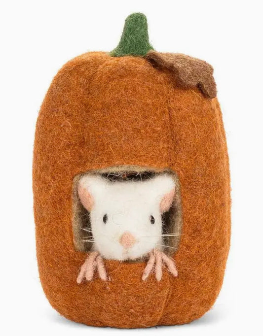 Felted Mouse In Tall Pumpkin 6.5” Tall