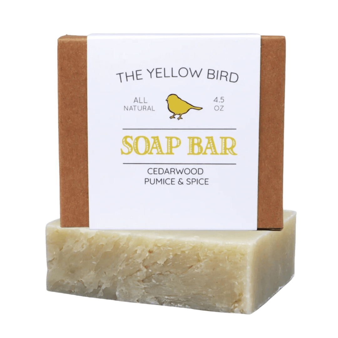 Cedarwood pumice and spice soap with a yellow bird on label-Winchester Creek Farm