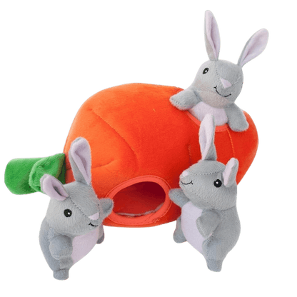 Plush dog toy in the shape of carrot with bunny rabbits surrounding it-Winchester Creek Farm