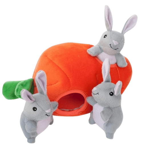 Plush dog toy in the shape of carrot with bunny rabbits surrounding it-Winchester Creek Farm