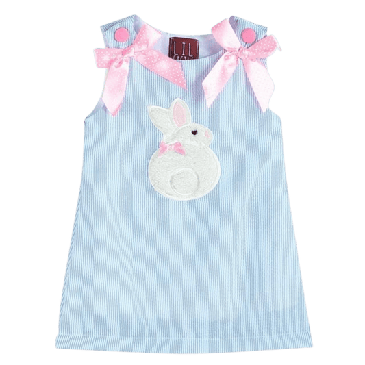 Blue and white striped dress with pink bows and a bunny on the front-Winchester Creek Farm