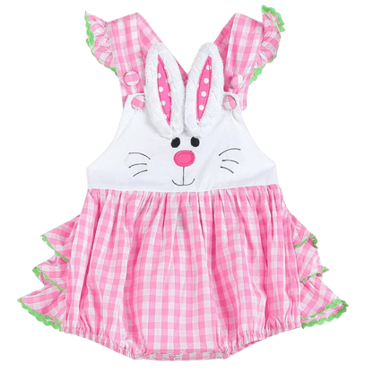 Pink and white gingham ruffled dress with bunny on front-Winchester Creek Farm