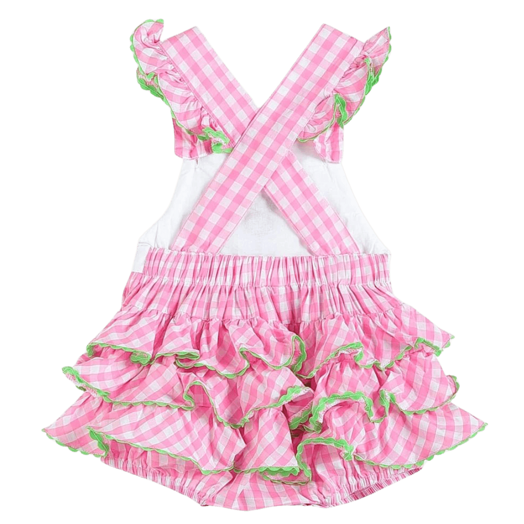 Pink and white gingham ruffled dress with crossed back-Winchester Creek Farm