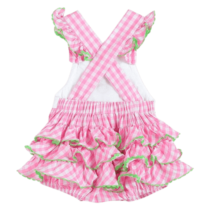 Pink and white gingham ruffled dress with crossed back-Winchester Creek Farm