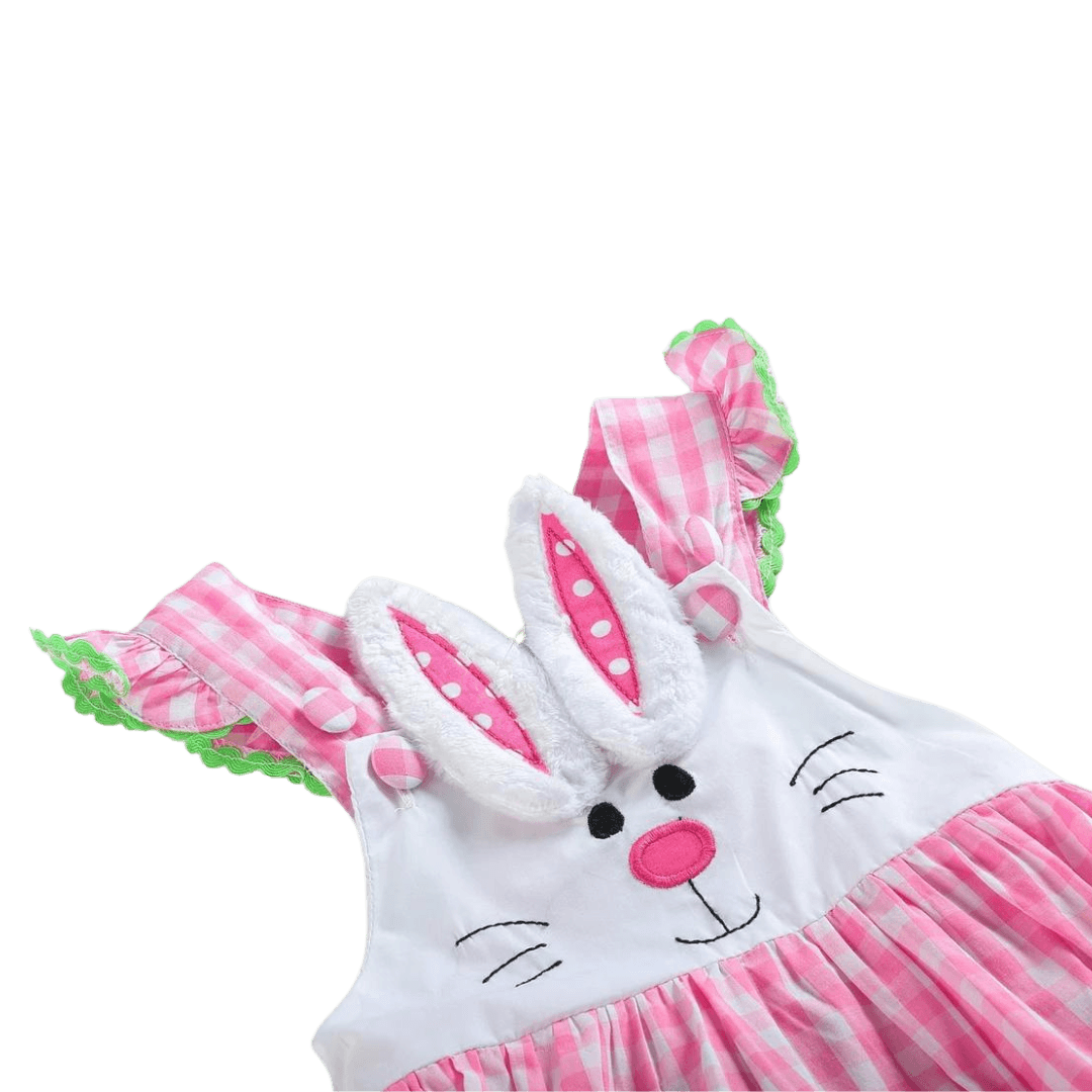 Pink and white gingham ruffled dress with bunny on front-Winchester Creek Farm