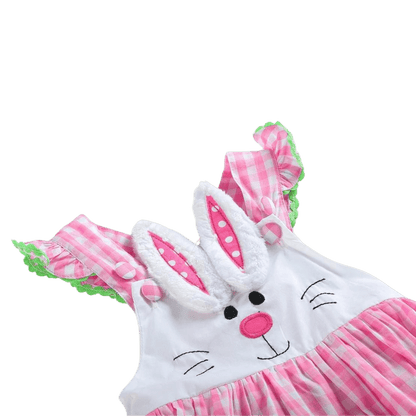 Pink and white gingham ruffled dress with bunny on front-Winchester Creek Farm