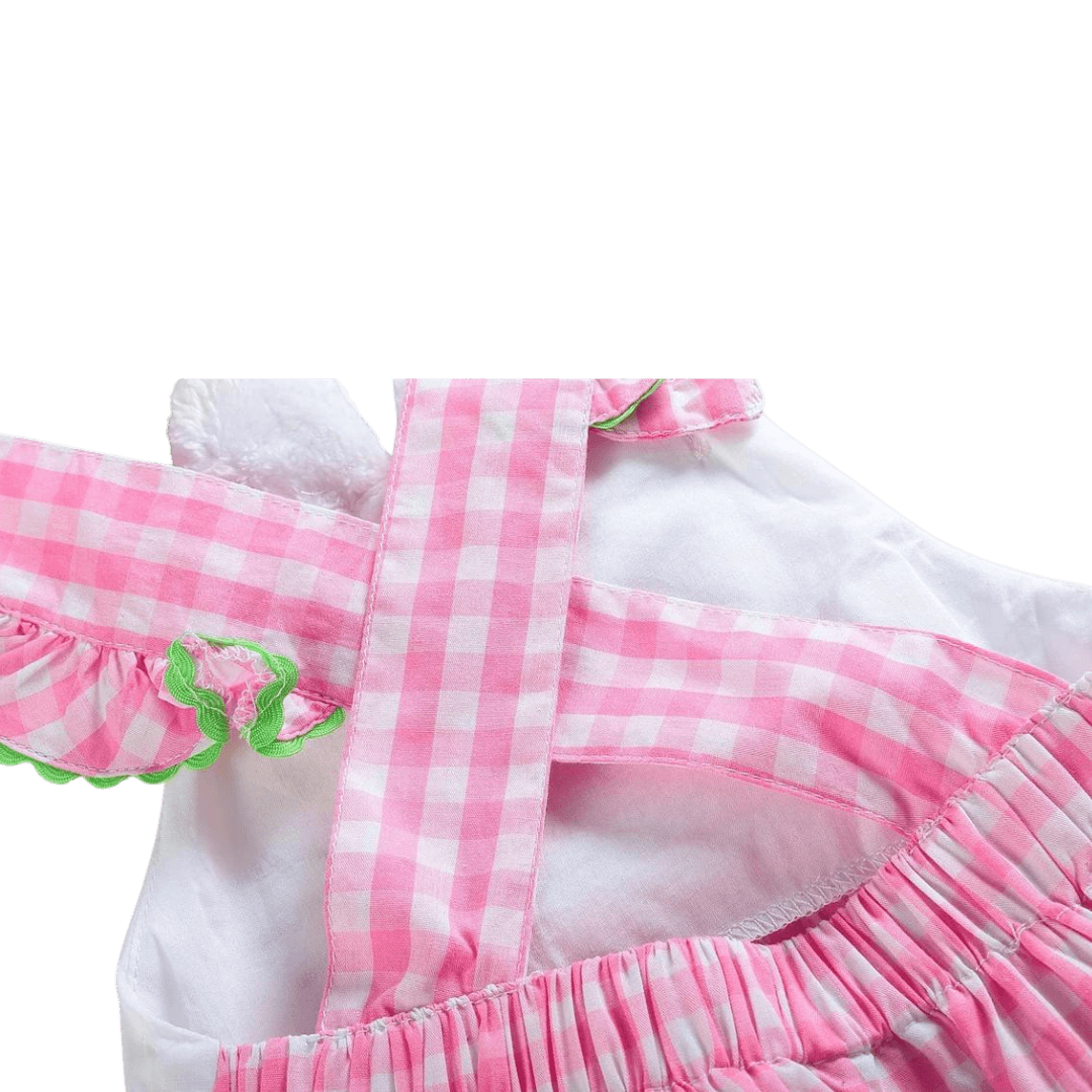 Pink and white gingham ruffled dress with crossed back-Winchester Creek Farm