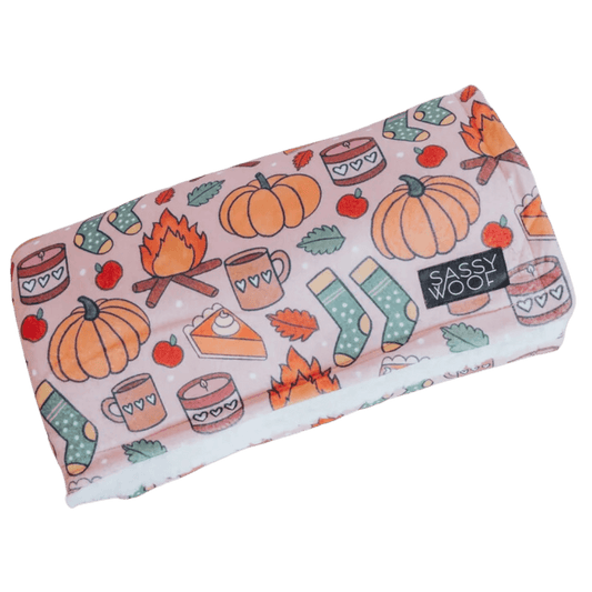 Dog blanket with fall items including pumpkin, candles, and apples-Winchester Creek Farm