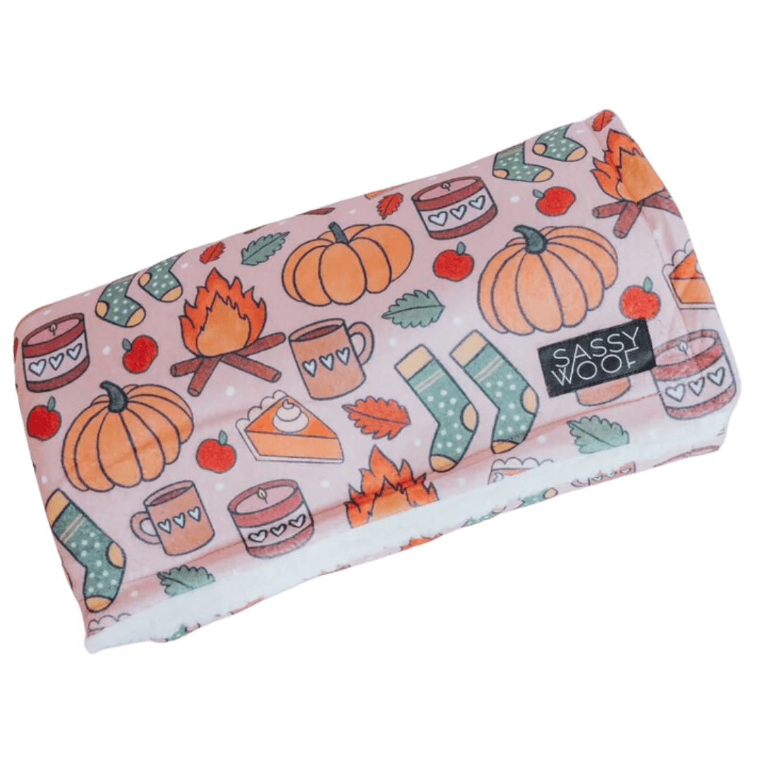 Dog blanket with fall items including pumpkin, candles, and apples-Winchester Creek Farm