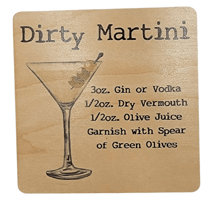 Wooden coaster with dirty martini recipe-Winchester Creek Farm