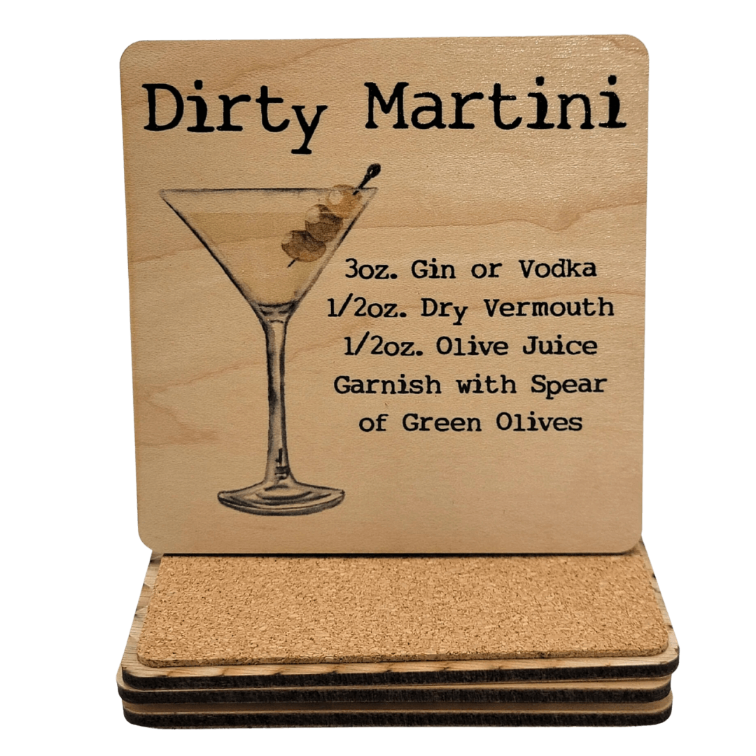 Wooden coaster with dirty martini recipe-Winchester Creek Farm