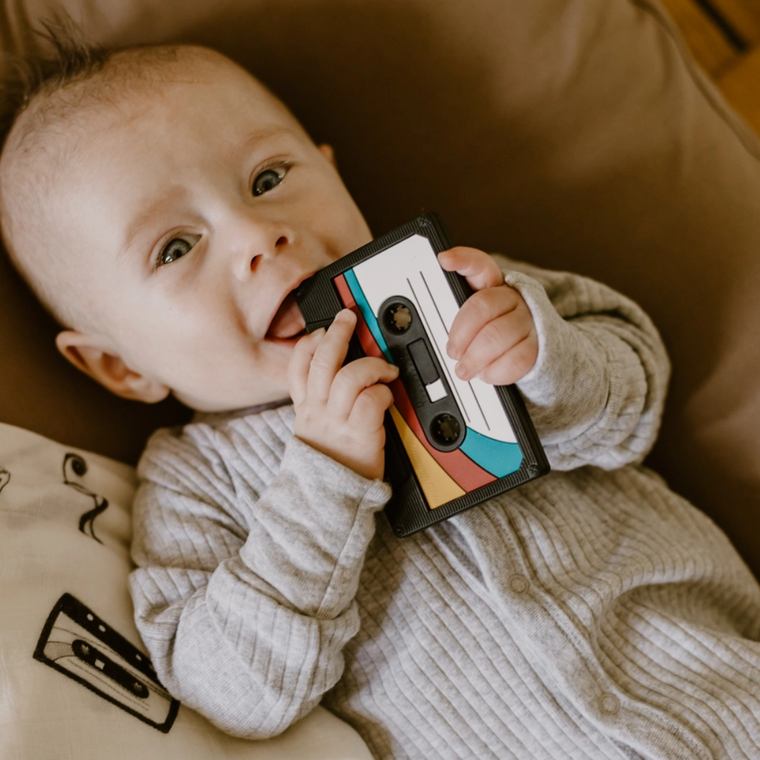 Baby teething on Retro silicone cassette tape teether-Winchester Creek Farm