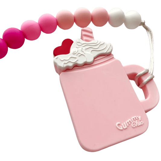 Strawberry silicone milkshake teether with Pink clip-Winchester Creek Farm