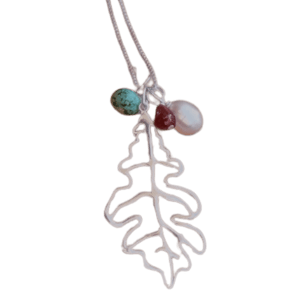 Oak leaf shaped silver necklace with three gems-Winchester Creek Farms