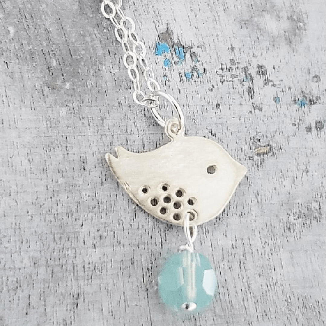 Silver necklace in the shape of bird with opal bead-Winchester Creek Farm