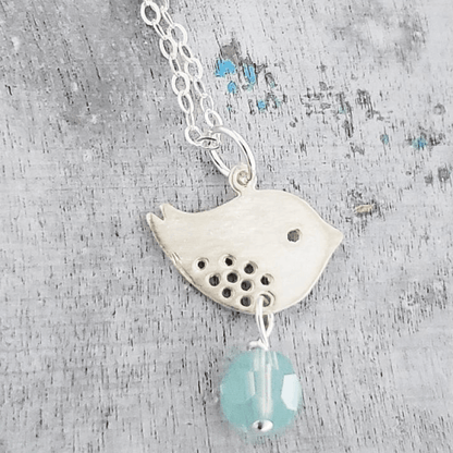 Silver necklace in the shape of bird with opal bead-Winchester Creek Farm