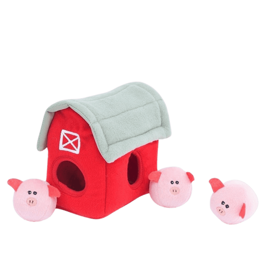 Dog plush toy in the shape of red barn with round pink pigs-Winchester Creek Farm