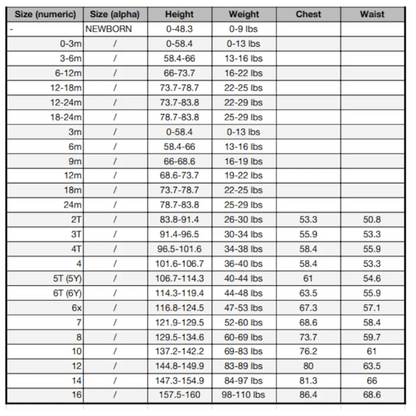 Children's clothing sizing chart