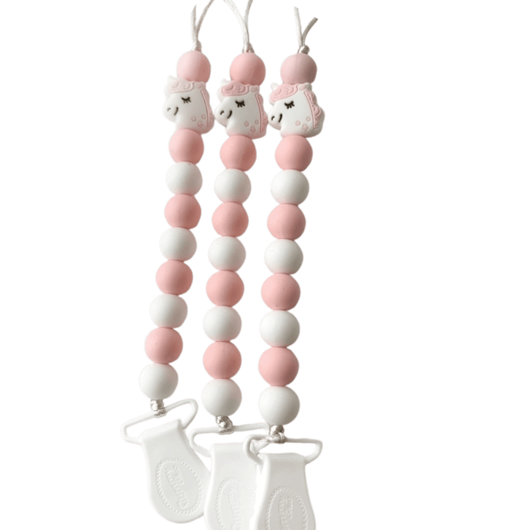 Pink and white unicorn silicone pacifier clip-Winchester Creek Farm