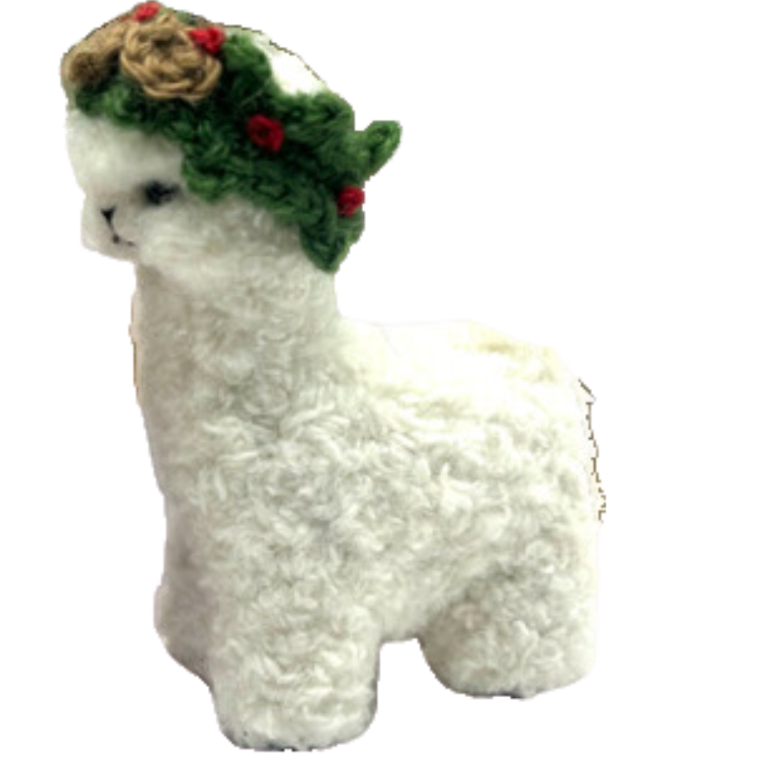 White Plush Alpaca with Christmas Wreath Crown - 3.5”