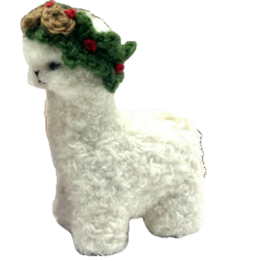 White Plush Alpaca with Christmas Wreath Crown - 3.5”